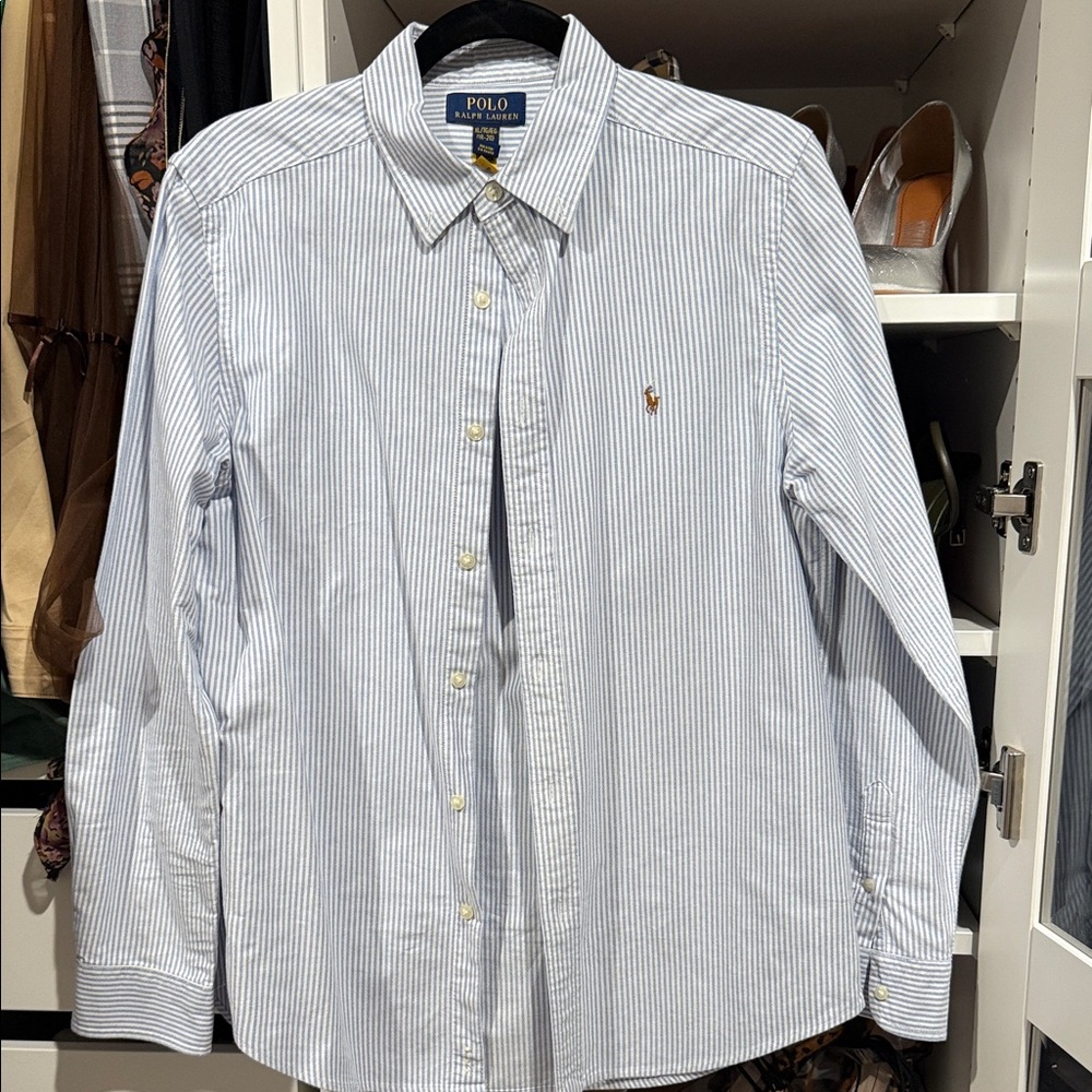 Polo by Ralph Lauren girls White and Blue Pinstripe Shirt, small for women’s